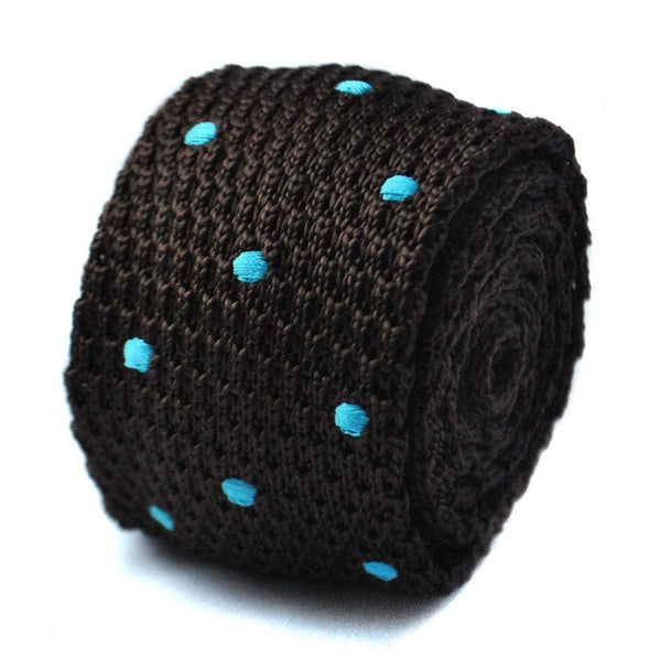 chocolate brown skinny knitted  tie with turquoise polka dots